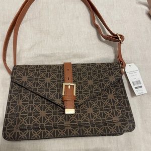 Women's Front Flap Crossbody Handbag Brown Status Print